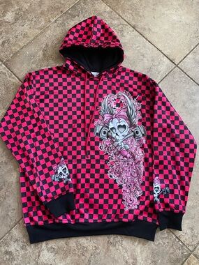 Psycho Speed Racing Black and Pink Checker Hoodie Sweatshirt size XS Small
